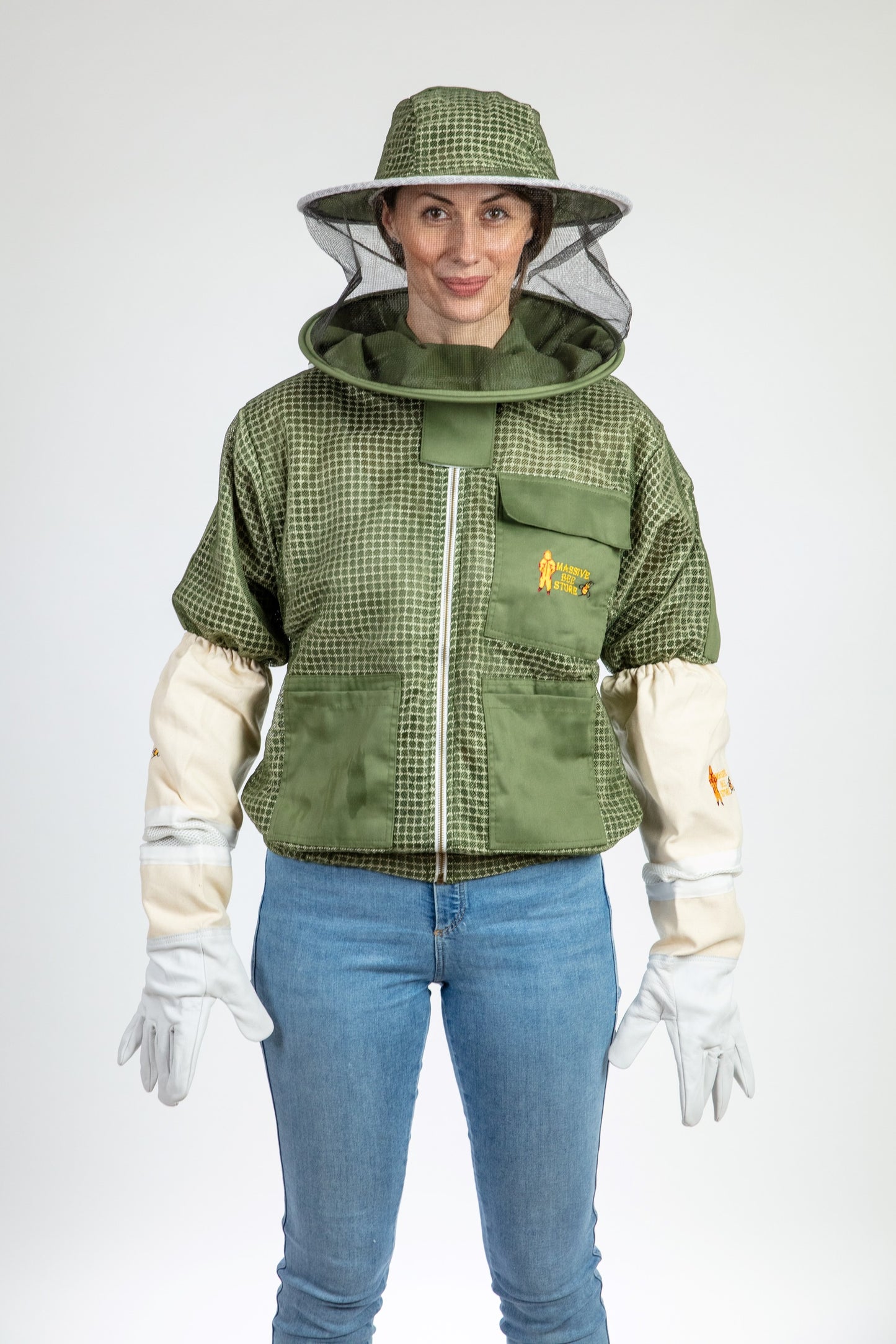 Olive Green Beekeeping Ventilated Jacket with Round Veil