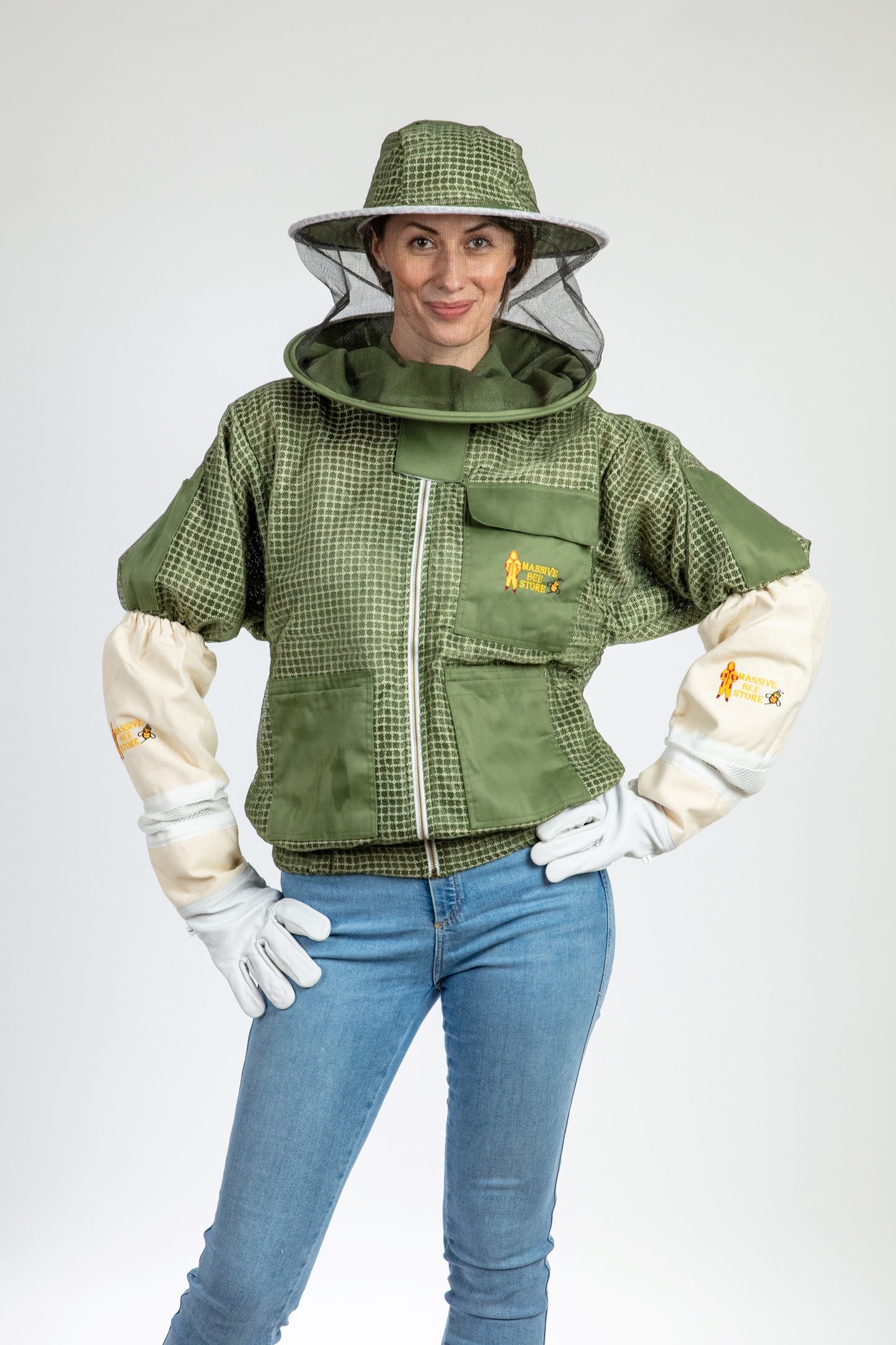 Olive Green Beekeeping Ventilated Jacket with Round Veil