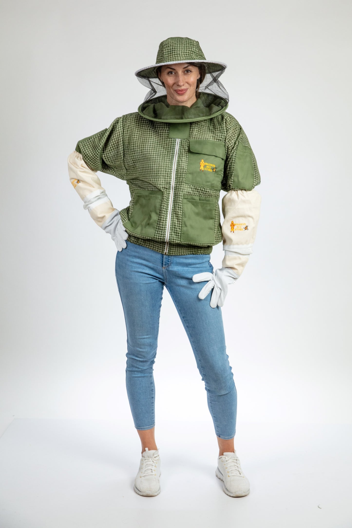 Olive Green Beekeeping Ventilated Jacket with Round Veil