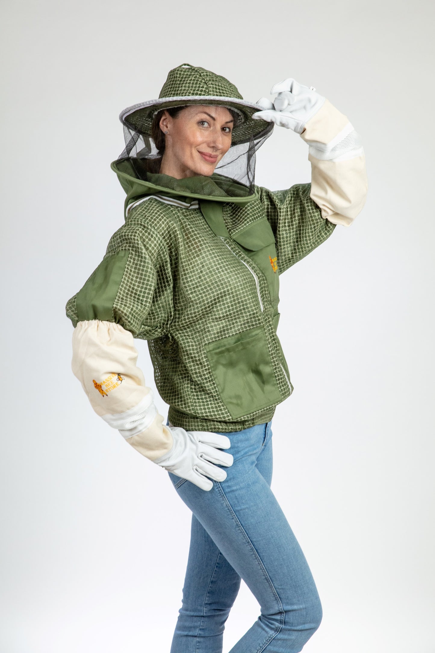 Olive Green Beekeeping Ventilated Jacket with Round Veil