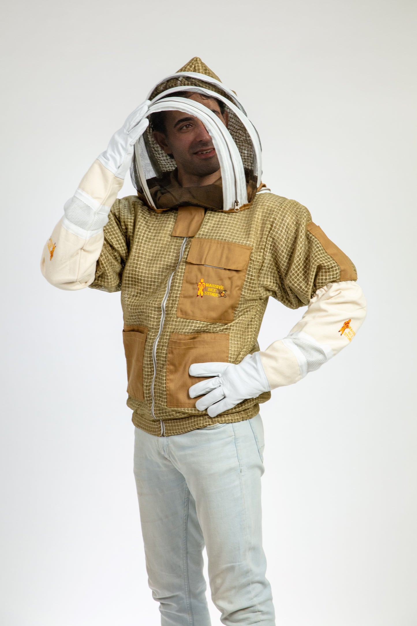 Khaki Beekeeping Ventilated Jacket with Fencing Veil