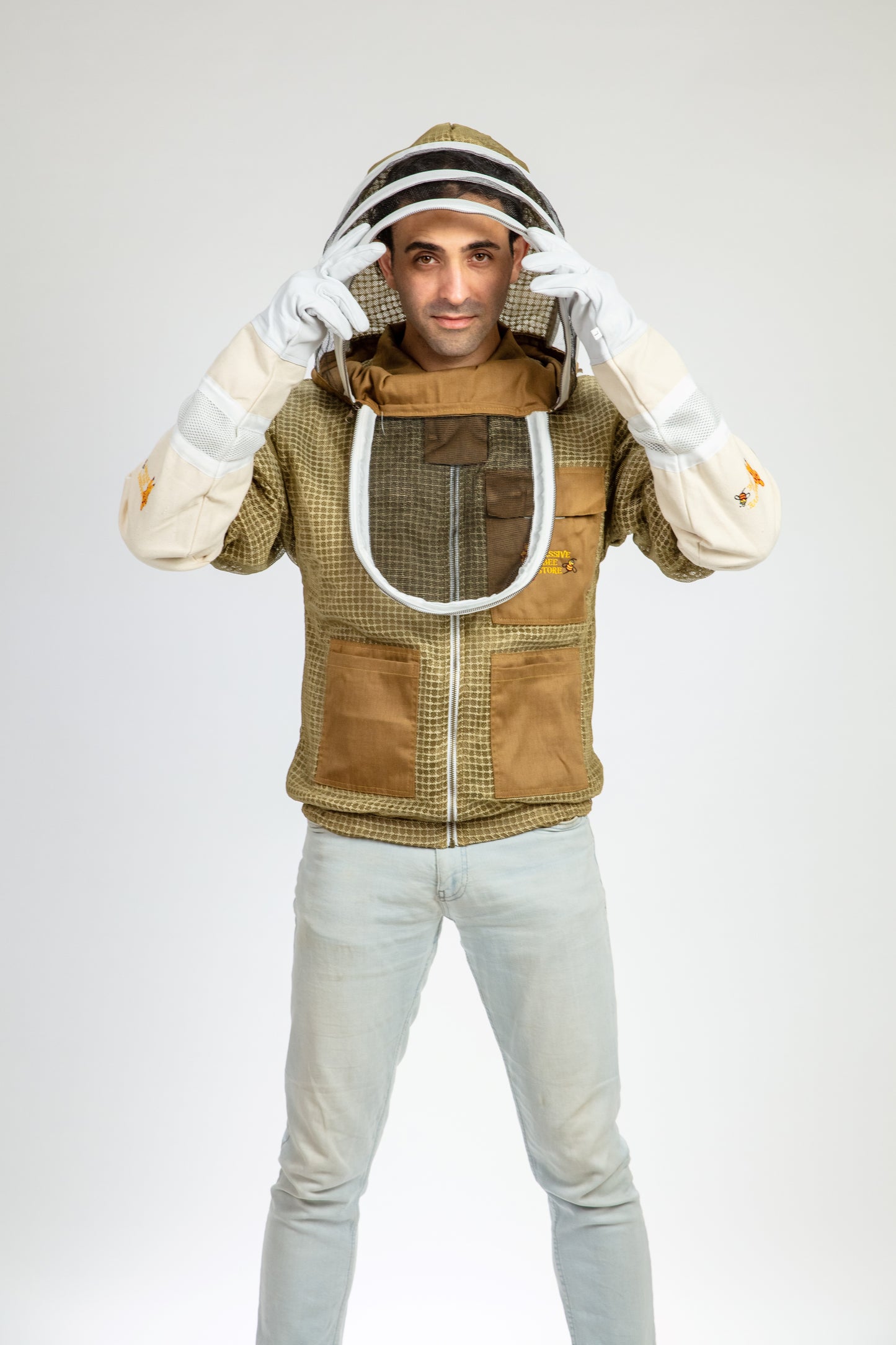 Khaki Beekeeping Ventilated Jacket with Fencing Veil