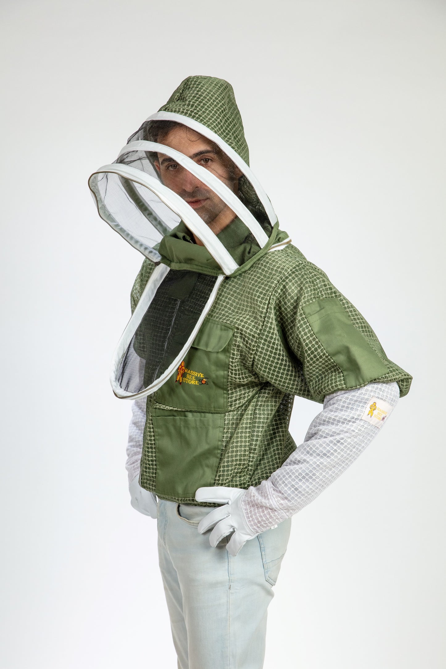 Olive Green Beekeeping Ventilated Jacket with Fencing Veil
