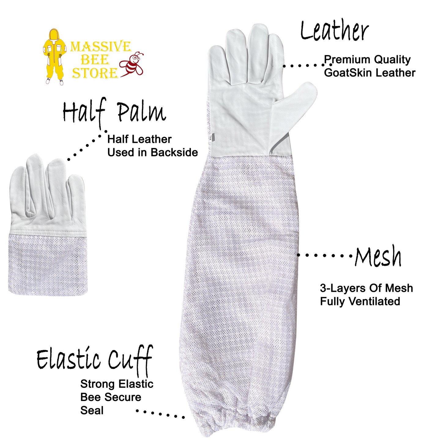 White 3-Layer Beekeeping Ventilated Gloves Half Palm